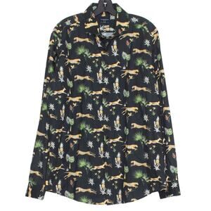 Grand Frank Mens Shirt Cheetah Statement Bold Safari Button Up Black 33/44 17.5